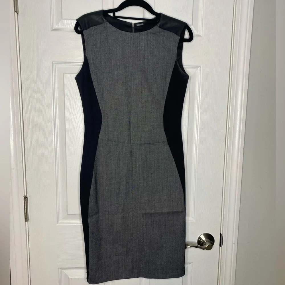ELIE‎ TAHARI Mixed Media Sheath Dress Black/Gray With Leather Shoulder Detail